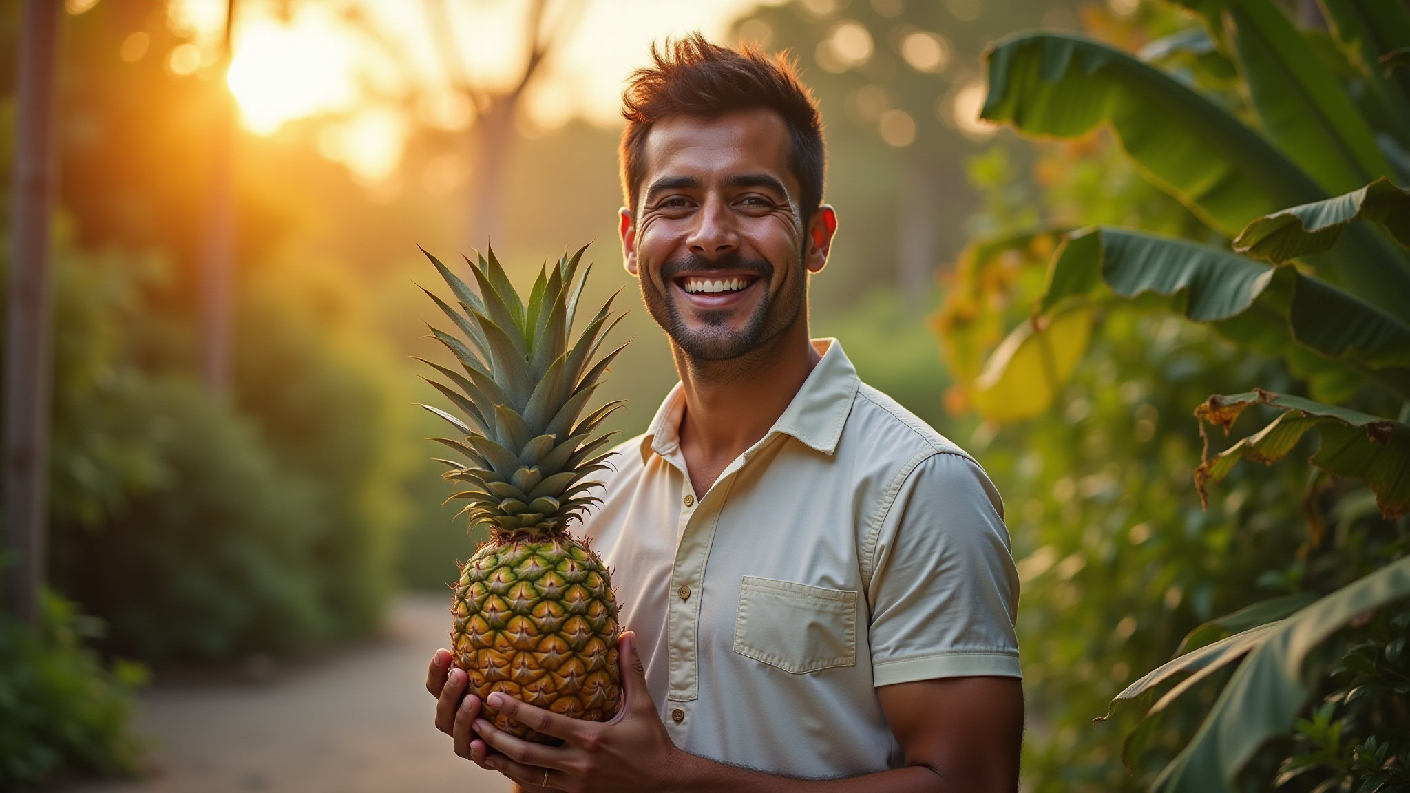 Homem sorrindo segurando um abacaxi fresco.