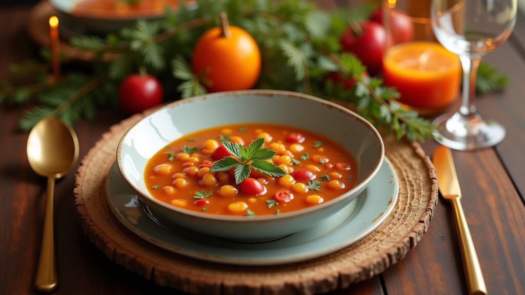 Festive New Year's Eve table in Brazil, lentil soup centerpiece, vibrant colors, natural light, 8K, Mesa de Ano Novo com sopa de lentilha, simbolizando prosperidade.