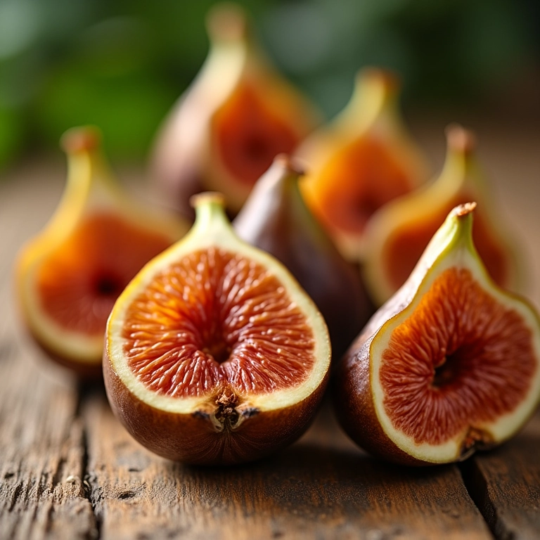 Figos secos ao sol em mesa de madeira rústica, exibindo textura e cor.