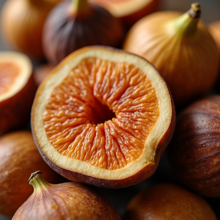 Figos secos em close-up, mostrando as fibras benéficas para a saúde intestinal.