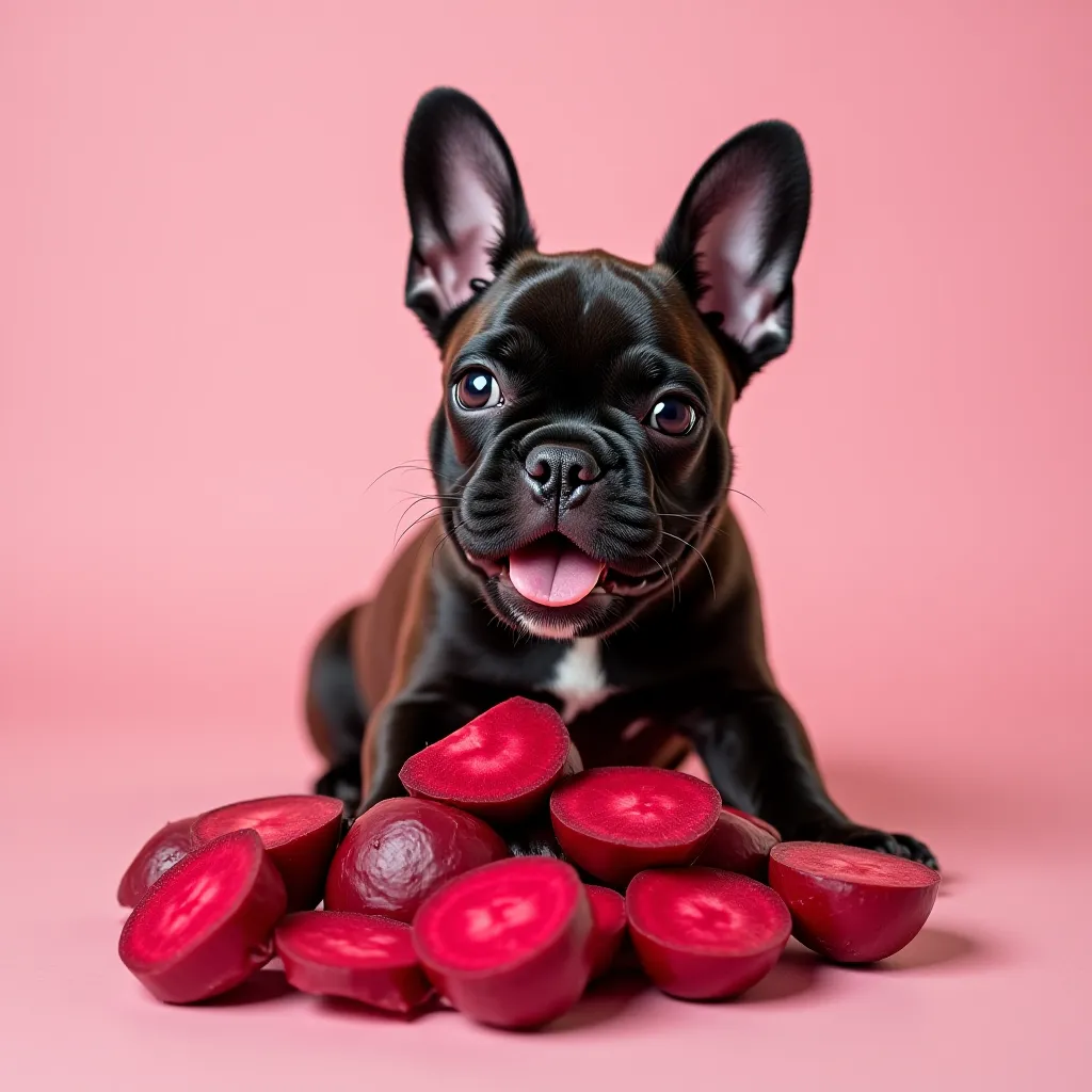 Filhote de buldogue francês com beterrabas vermelhas.
