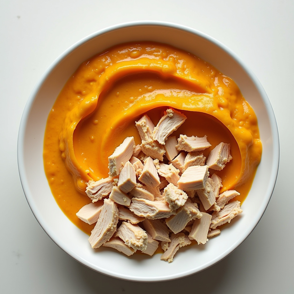 Fit version, shredded chicken, steamed pumpkin puree, skim milk, stevia, light and healthy, vibrant Frango cozido desfiado com purê de abóbora fit: receita leve e saudável.