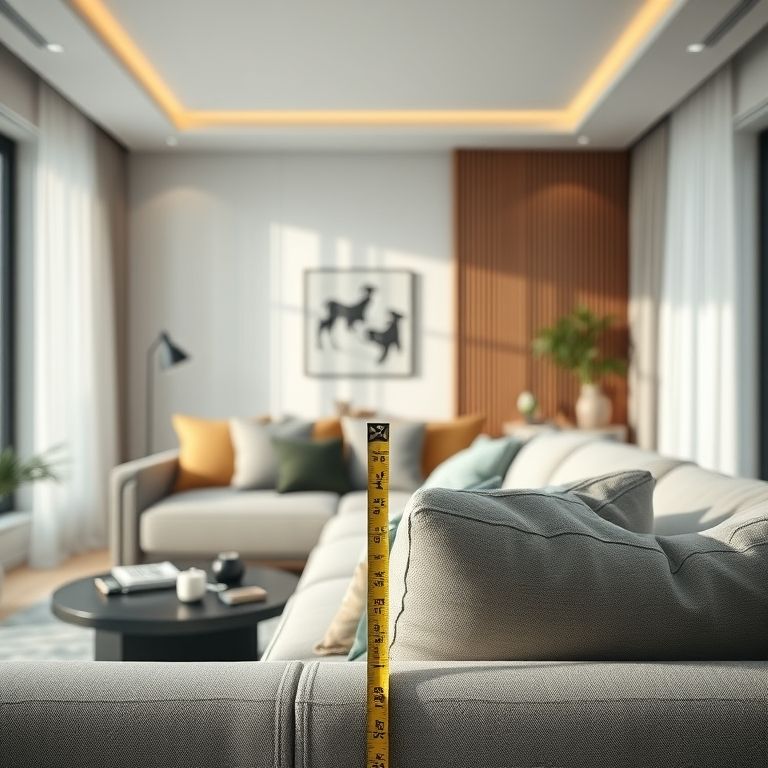 Fita métrica sobre um sofá, planejamento de design de interiores.