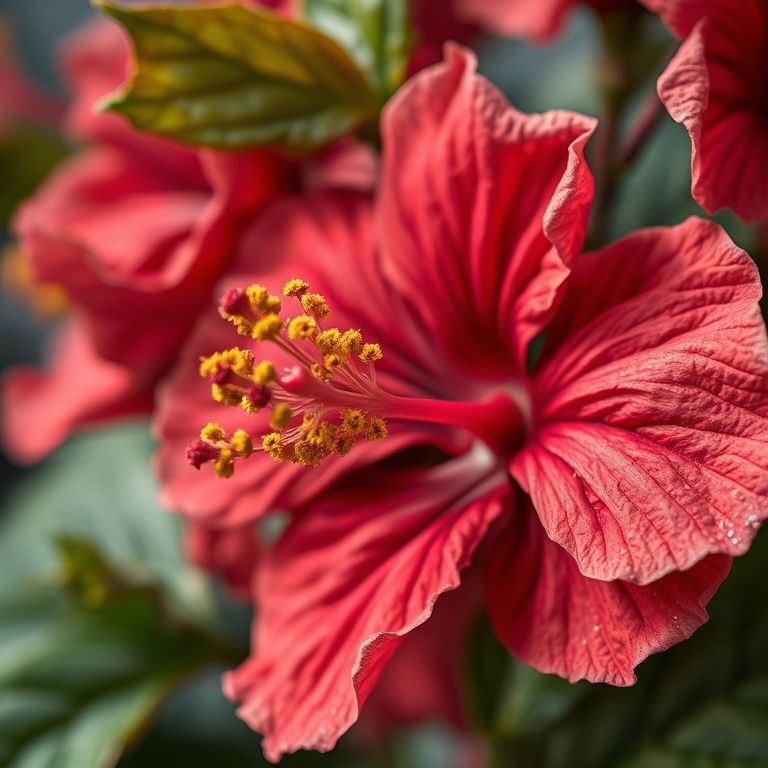 Flores de hibisco secas: foco na cor e textura vibrantes.