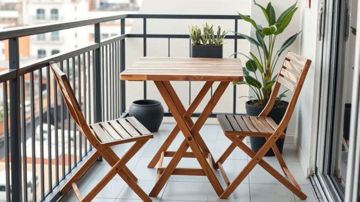 Foldable wooden table on a small Brazilian gourmet balcony, partially folded to save space, two Mesa dobrável em varanda gourmet pequena, otimizando o espaço e oferecendo flexibilidade.