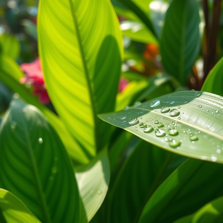 Folhas da planta Anador em um jardim brasileiro iluminado pelo sol.