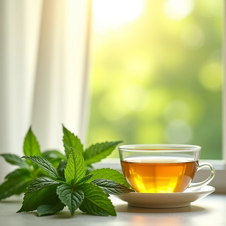 Folhas de hortelã fresca e xícara de chá de hortelã com luz solar.