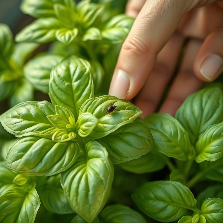 Folhas de manjericão saudáveis sendo inspecionadas contra pragas com controle natural.