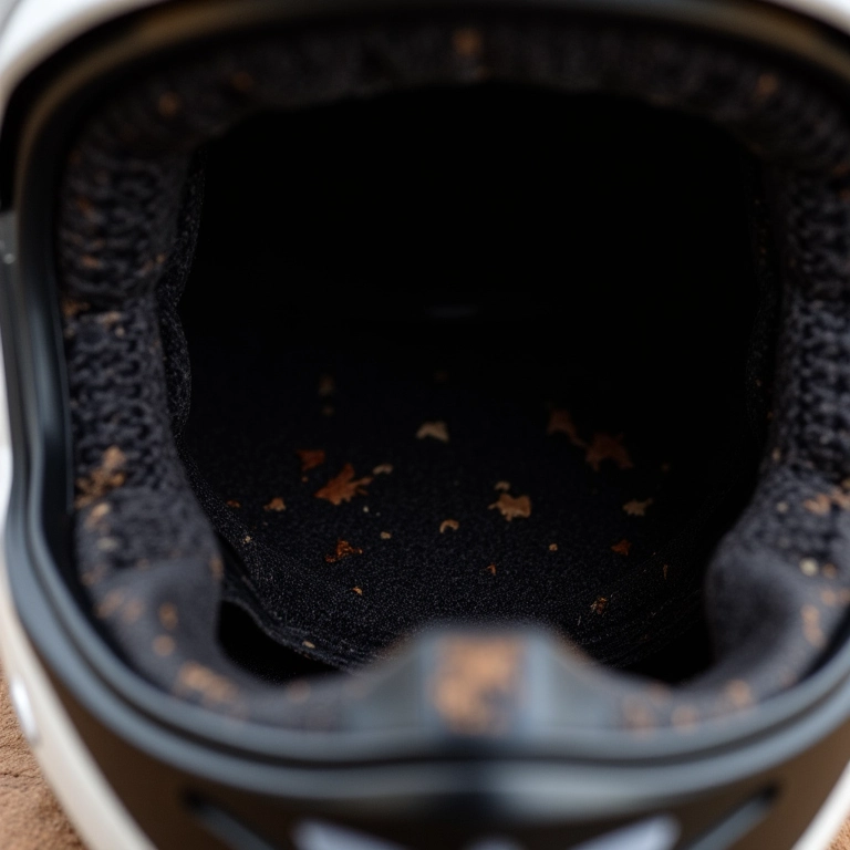 Forro interno de capacete de moto mostrando sujeira e desgaste.