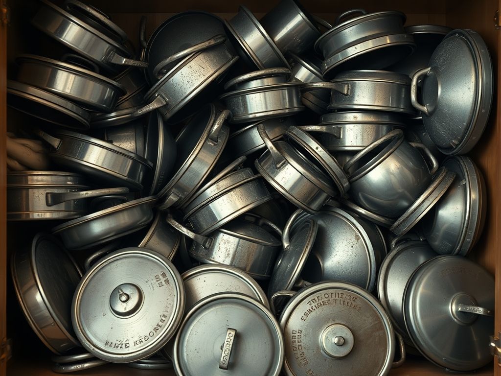 Pilha desorganizada de panelas e tampas caindo de um armário: dicas de organização de cozinha