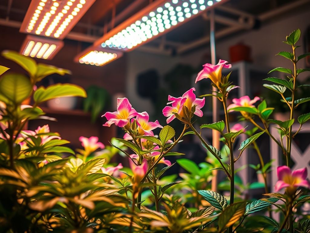 Plantas com flor sob luzes LED de crescimento (grow lights). Iluminação artificial para plantas.
