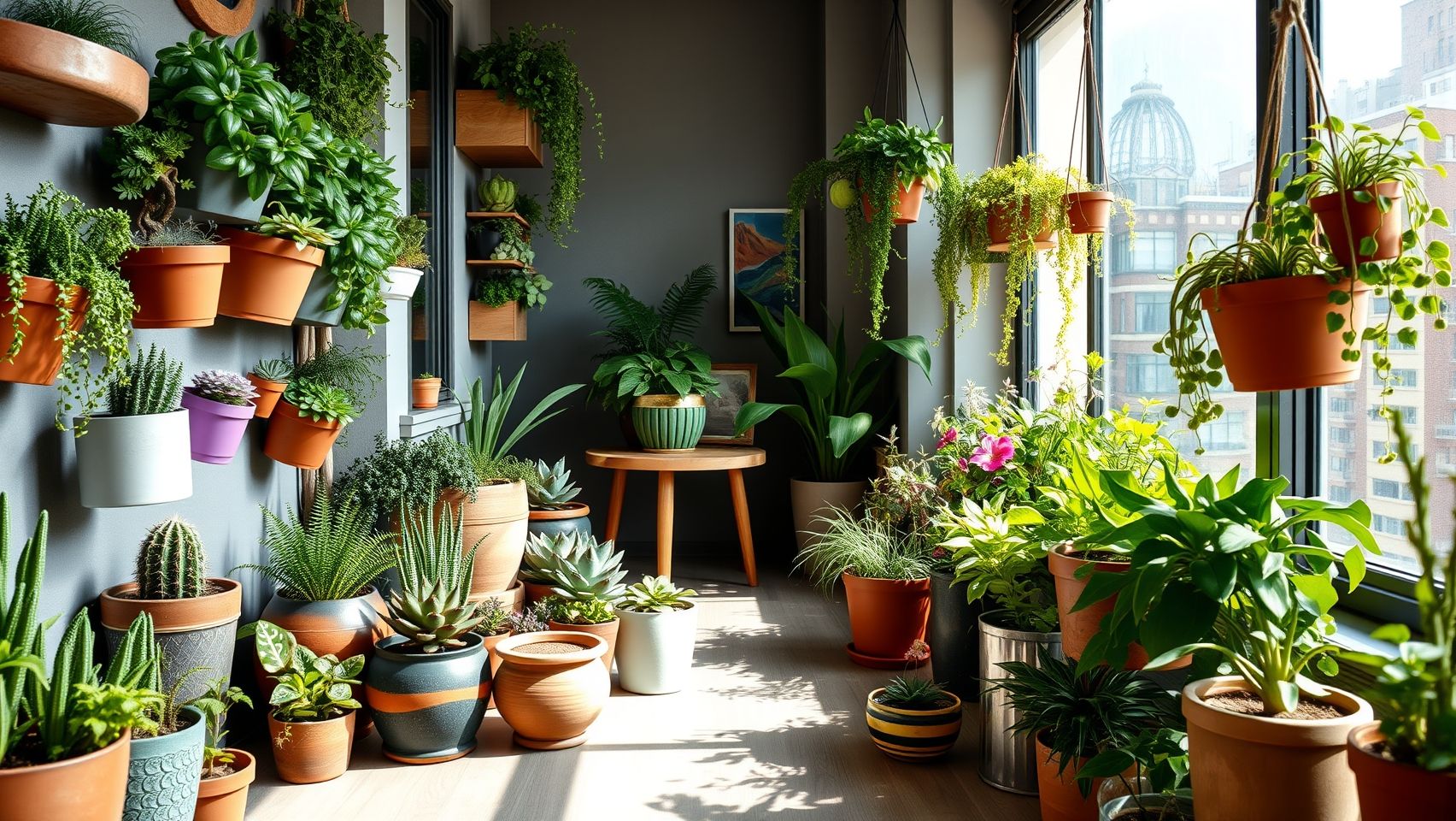 Mini jardim vertical em varanda de studio: plantas para purificar o ar e trazer vida para apartamentos pequenos. Ideias de decoração com plantas.