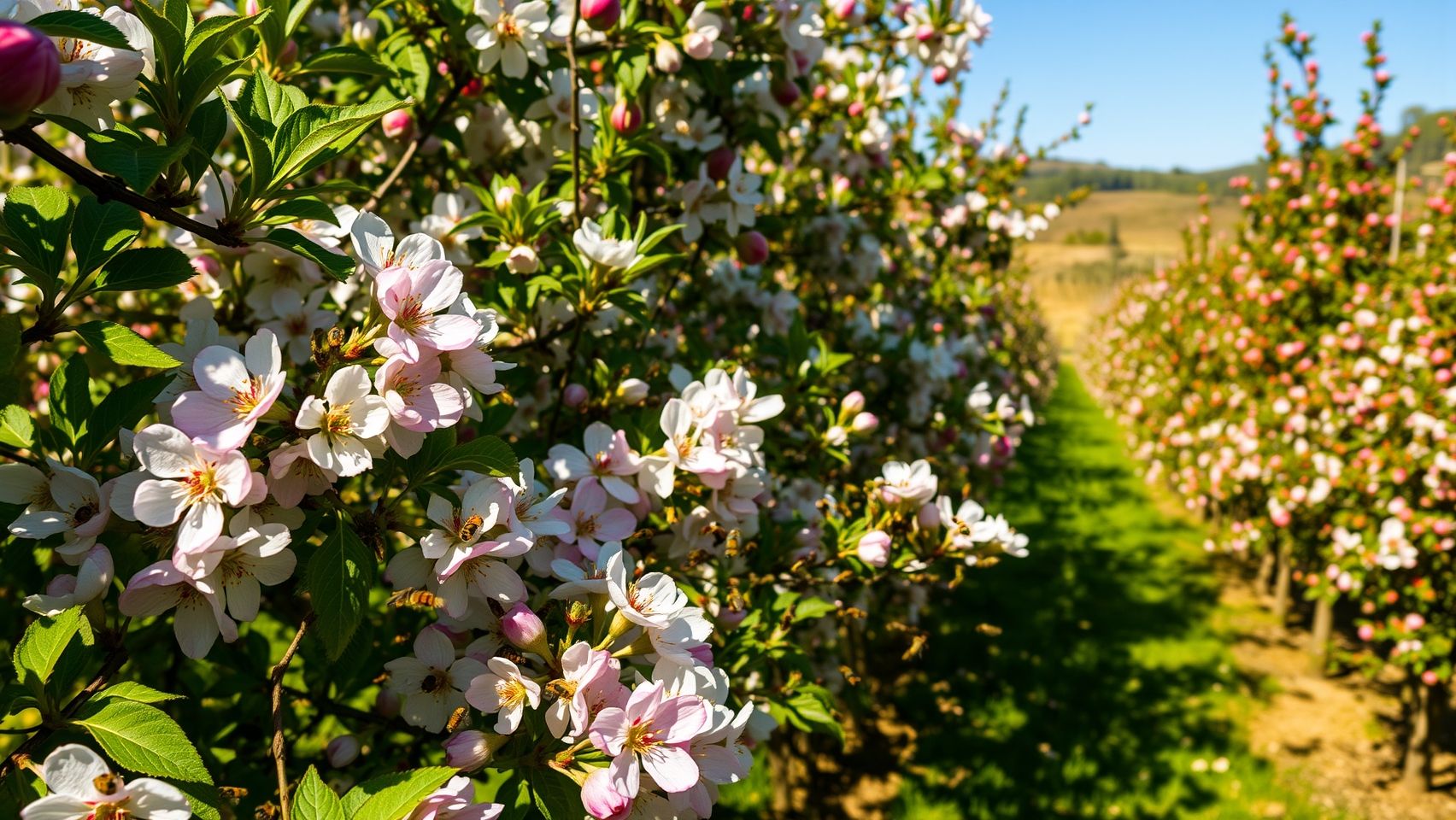 Atraindo polinizadores para o pomar: flores e abelhas para polinização cruzada.