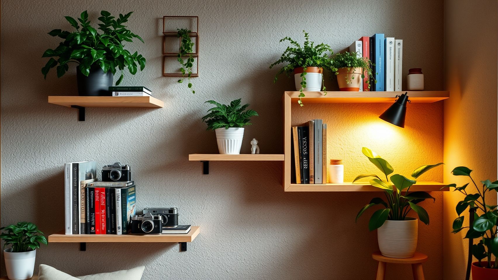 Armazenamento vertical em studio: prateleiras flutuantes para otimizar espaço e organizar objetos decorativos. Ideias para apartamentos compactos.