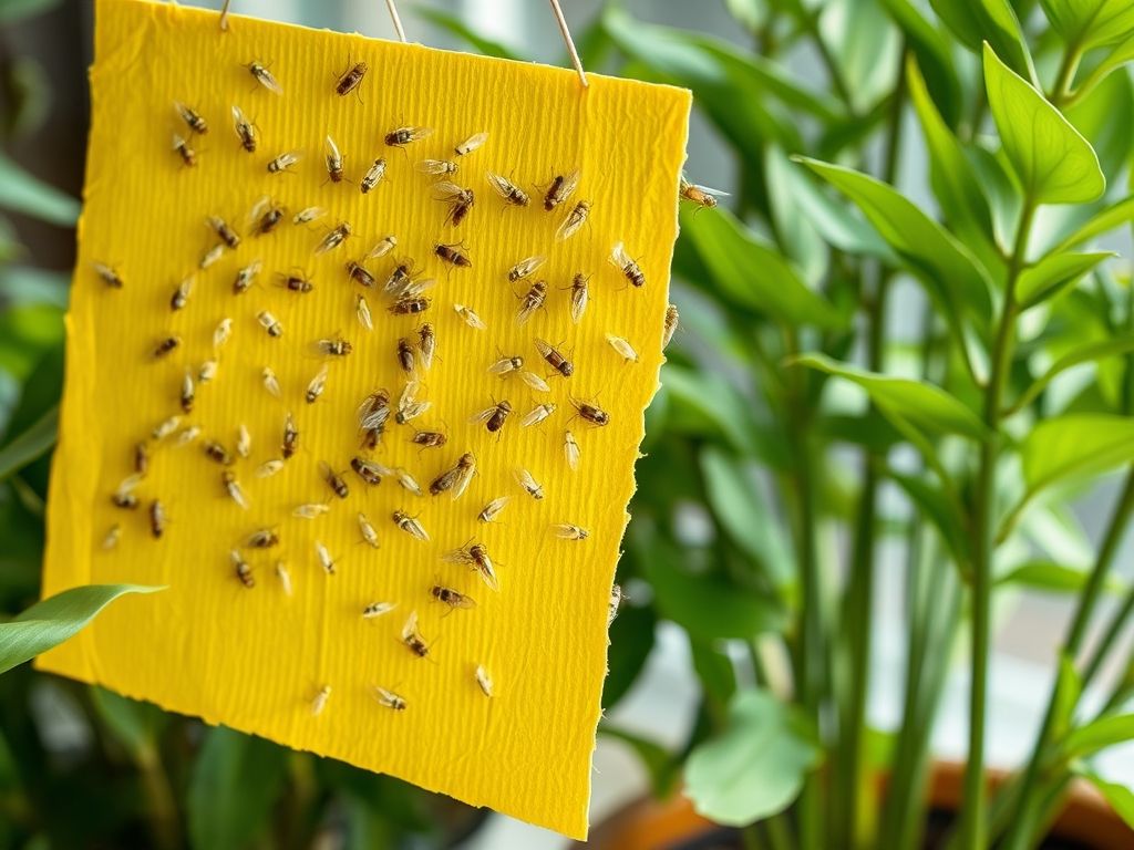 Armadilha adesiva para moscas-brancas: Solução simples e eficaz para controlar a infestação em suas plantas de vaso.