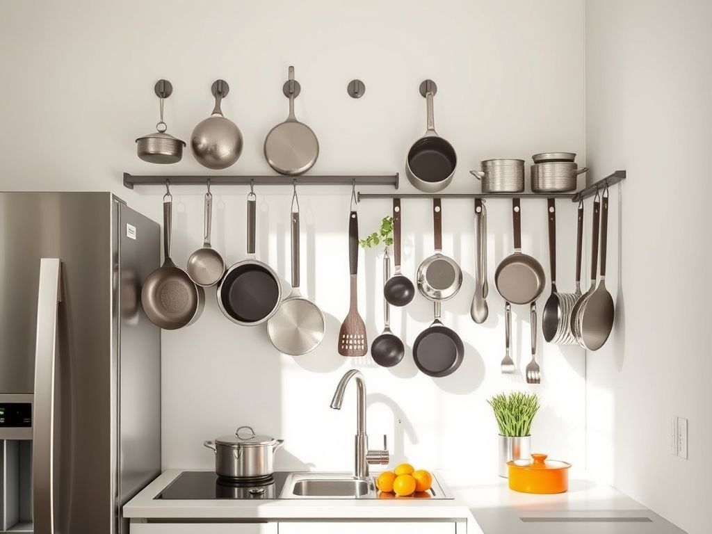 Cozinha pequena com panelas penduradas em ganchos: otimização de espaço e organização