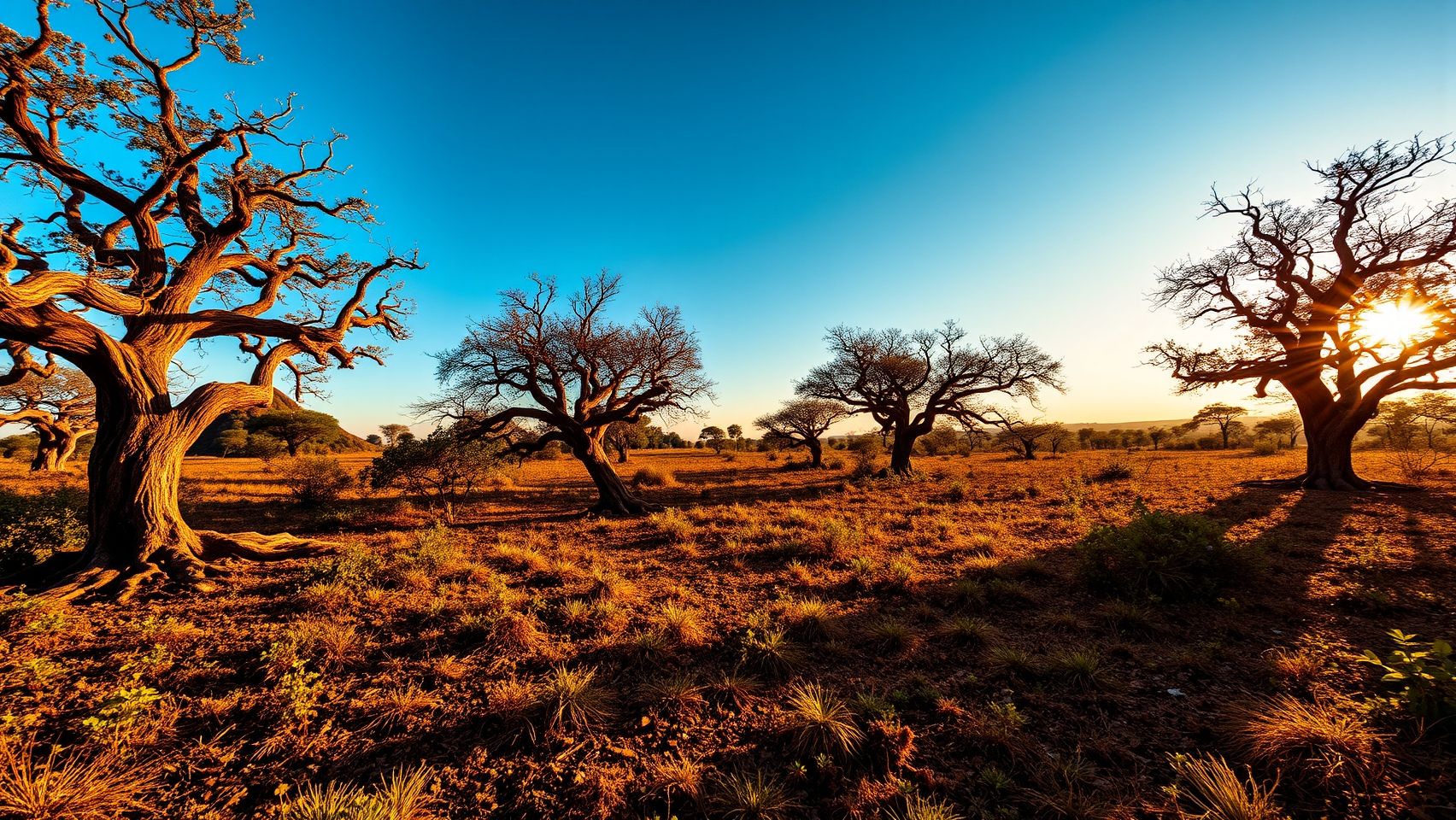 Paisagem do Cerrado com árvores retorcidas e incêndio controlado, adaptação ao fogo