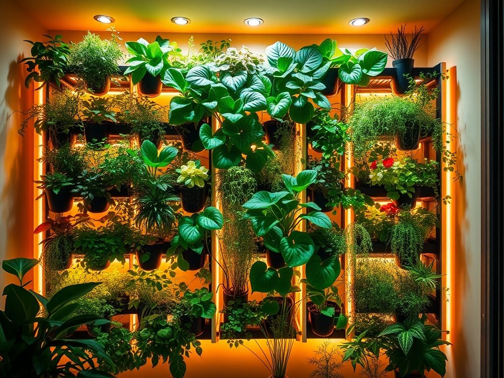 Horta vertical em apartamento com iluminação artificial de LED para crescimento de plantas.