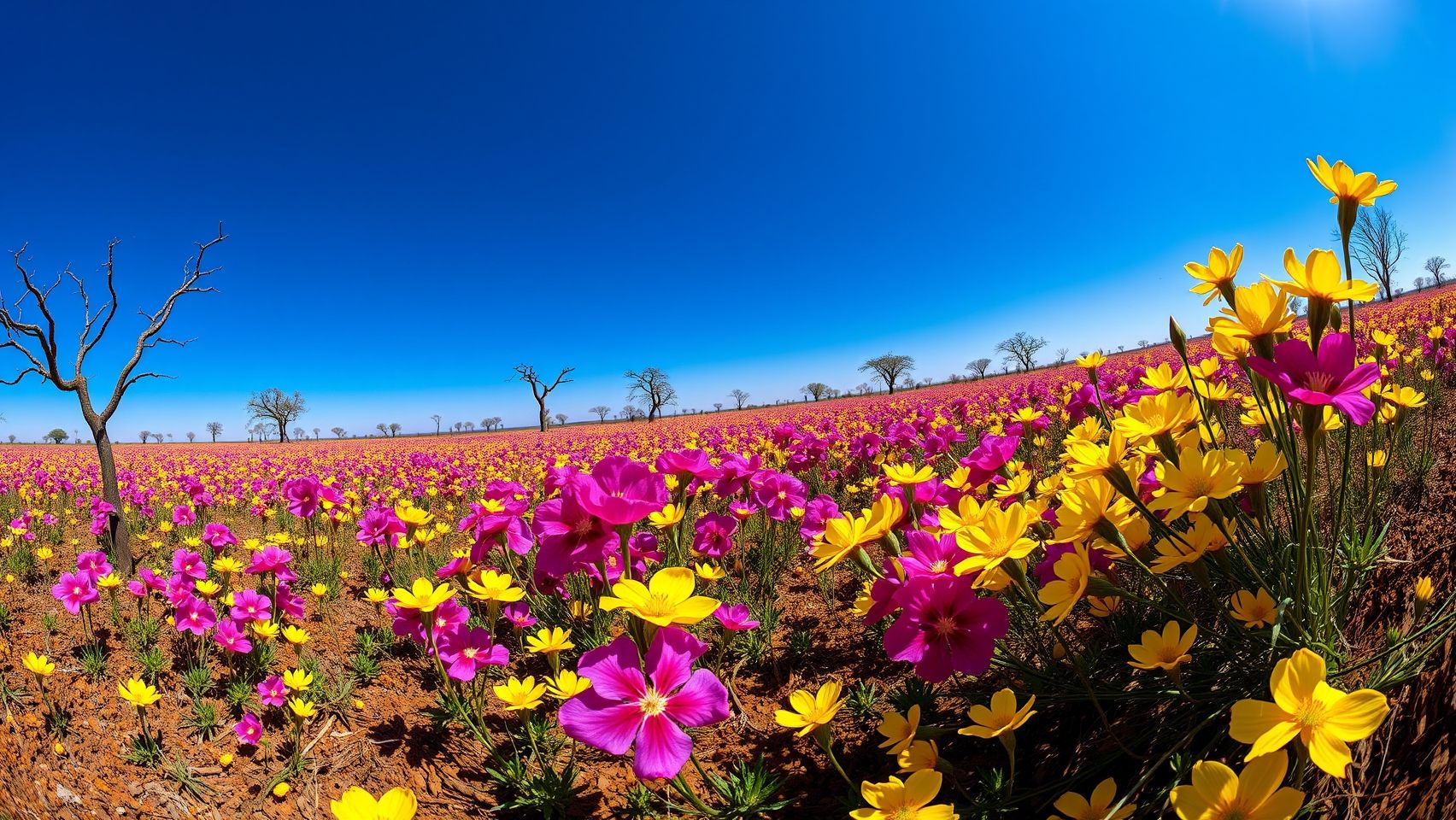 Campo de Ipês floridos no Cerrado, cores vibrantes na estação seca