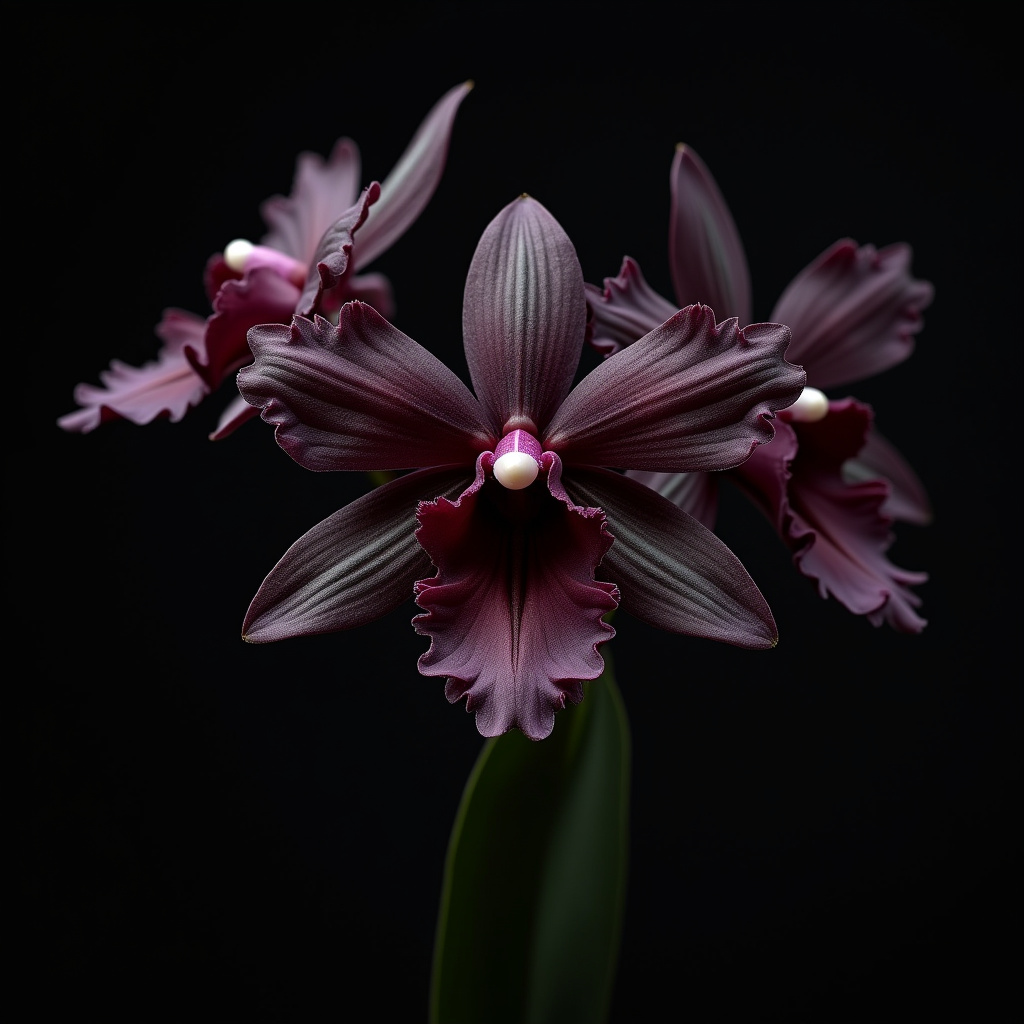 Fredclarkeara After Dark 'SVO Black Pearl' orchid, dark blooms, elegant, professional photography, Orquídea negra com flores quase pretas.