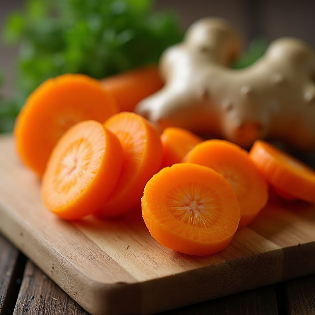 Fresh carrots, vibrant orange, natural lighting, sliced carrots on a wooden board, ginger root, Cenouras frescas, ricas em betacaroteno, para aliviar gastrite.