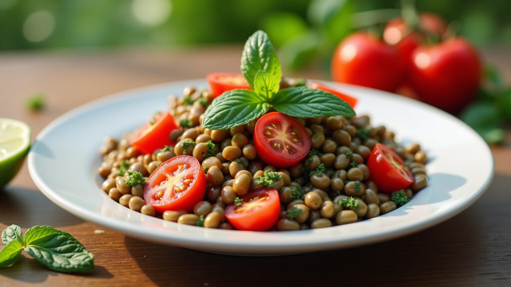 Fresh lentil salad with cherry tomatoes, mint, vibrant colors, outdoor setting, natural lighting, Salada fresca de lentilha com tomate cereja e hortelã.