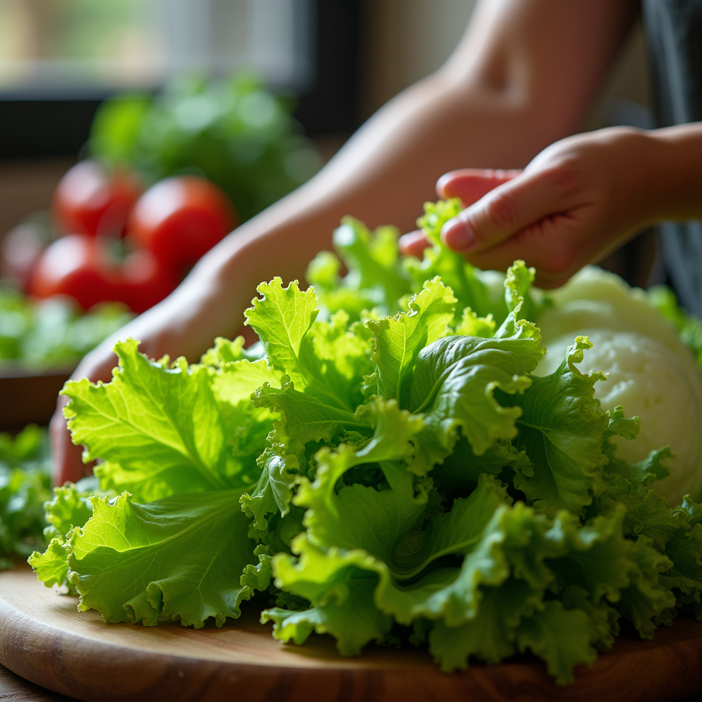 Fresh lettuce leaves, vibrant green, natural lighting, salad ingredients, woman's hands preparing, Alface fresca, refrescante e calmante para o estômago irritado.