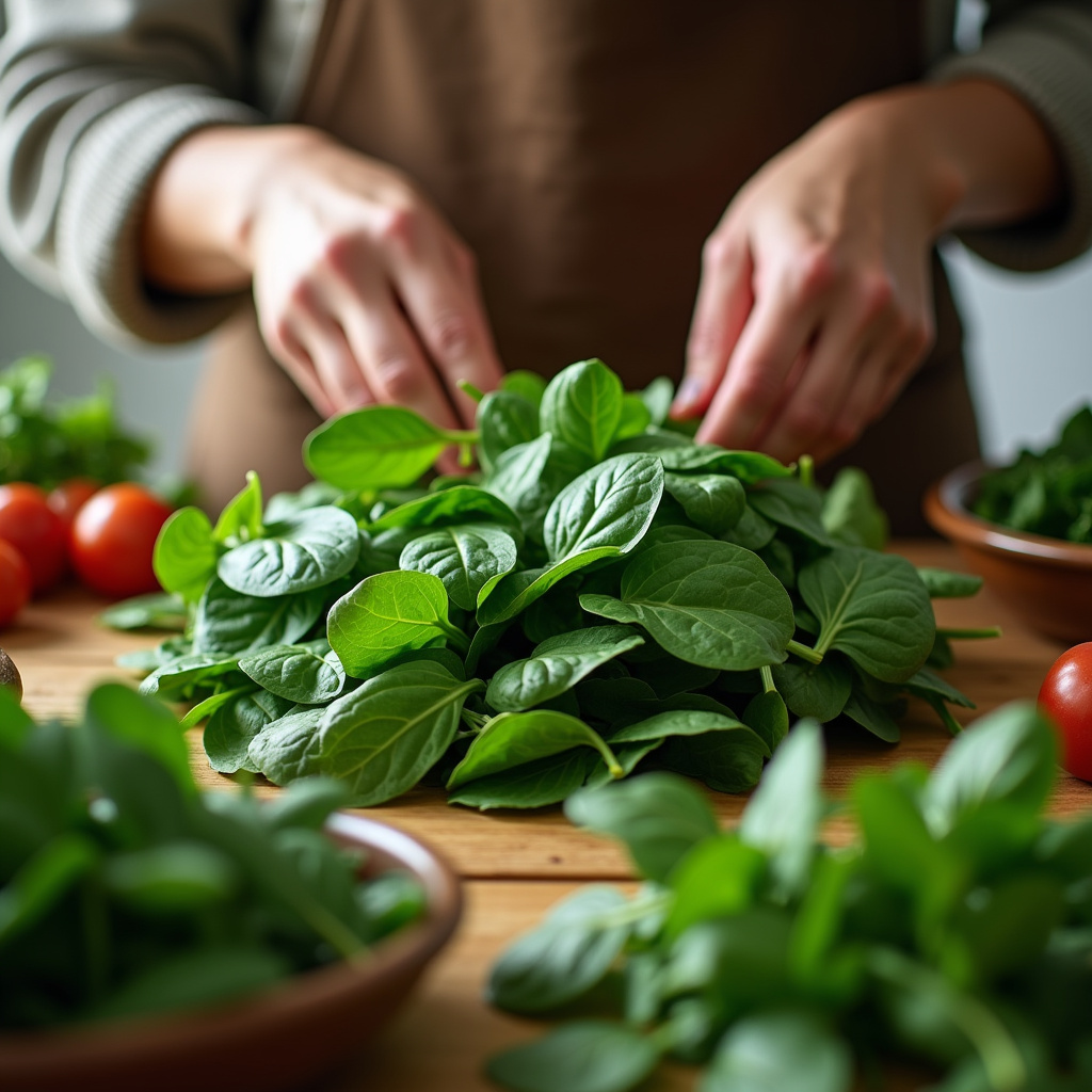 Fresh spinach leaves, vibrant green, natural lighting, salad ingredients, woman's hands preparing, Espinafre fresco, rico em ferro, fortalece o organismo contra gastrite.