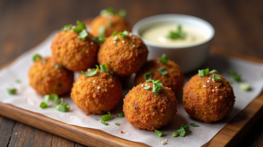 Fried lentil balls, dipping sauce, wooden board, close-up shot, 8K quality, sharp focus, Bolinhos de lentilha fritos.