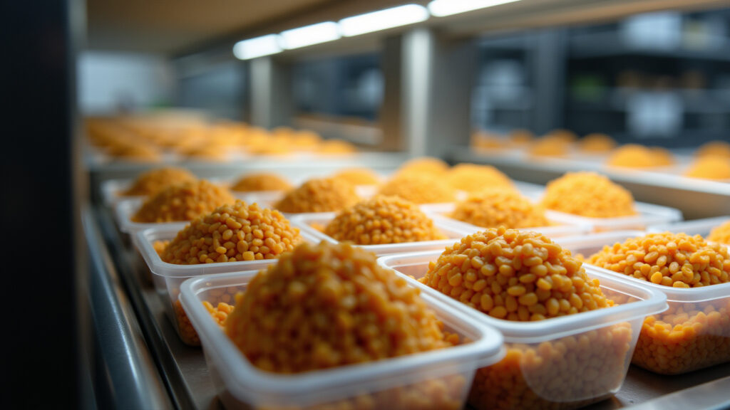 Frozen lentil portions in containers, freezer, organized kitchen, natural light, 8k, professional Lentilha congelada em porções.