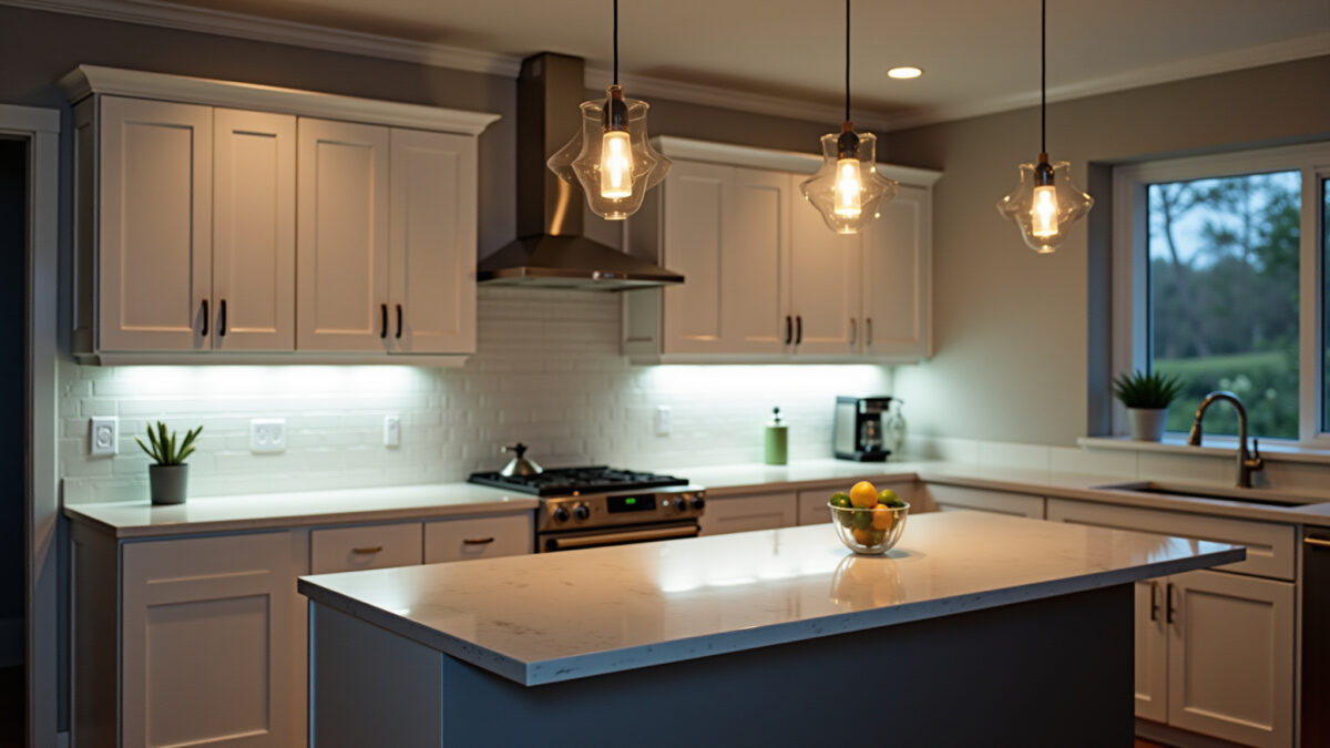 Functional kitchen lighting, LED under cabinets, pendant lights above island, bright, professional Cozinha funcional com iluminação LED sob os armários e pendentes.