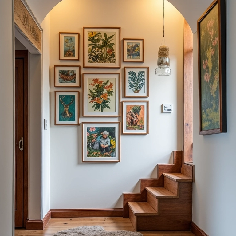Galeria de arte na parede da escada com quadros diversos.