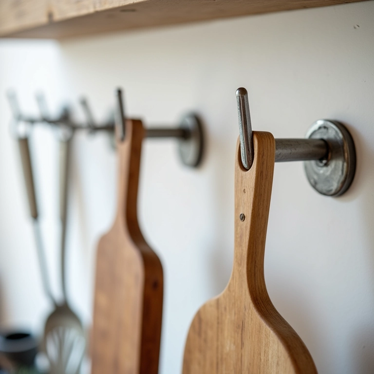 Ganchos adesivos organizando utensílios de cozinha em apartamento.