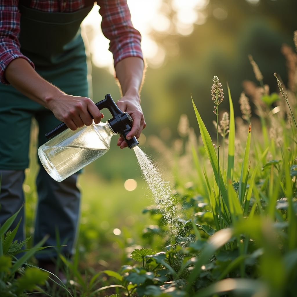 Gardener using vinegar as natural weed killer, organic garden, professional photography, 8K Jardineiro usando vinagre como alternativa natural ao Roundup.