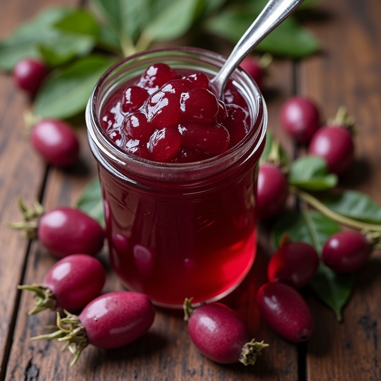 Geleia de jabuticaba caseira em pote de vidro com frutas frescas ao redor.