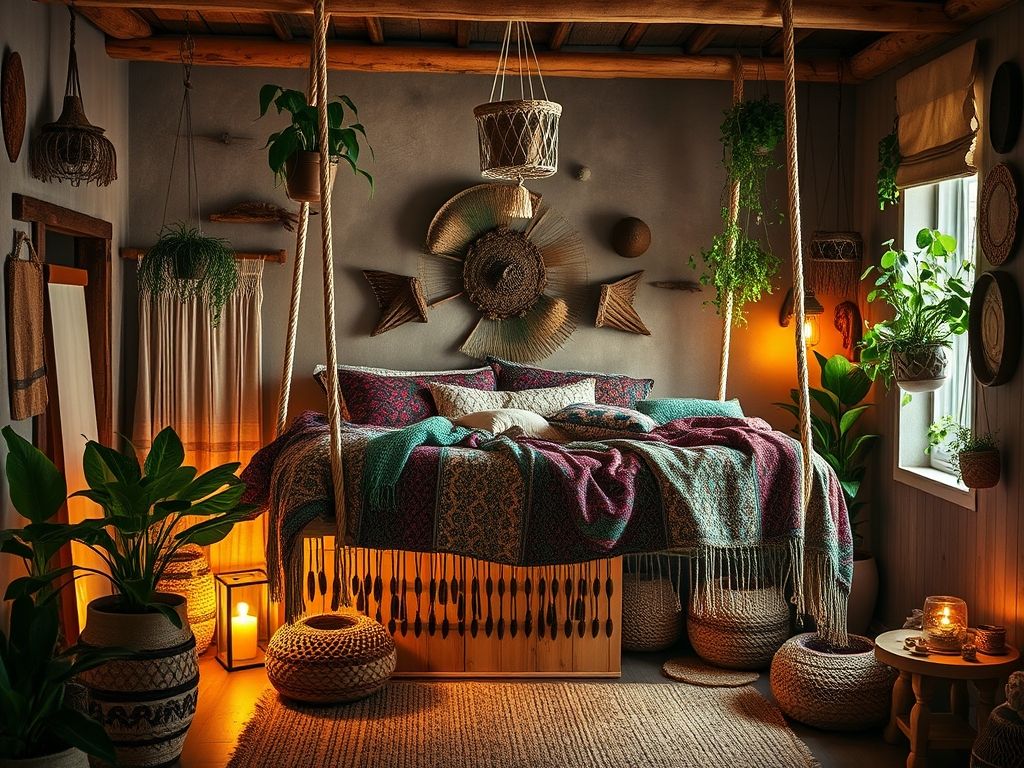 Cama suspensa estilo boho com tecidos estampados, plantas e macramê. Decoração criativa e relaxante.