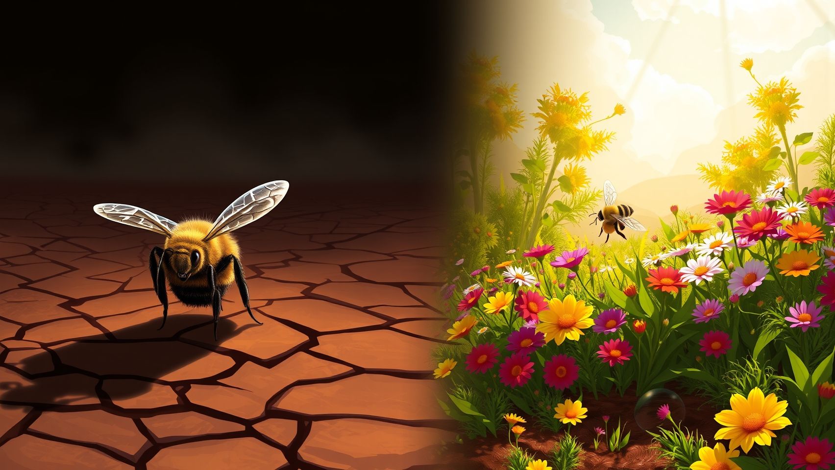 Ilustração comparativa: abelha triste em ambiente destruído vs abelha feliz em horta florida. Impacto da polinização.