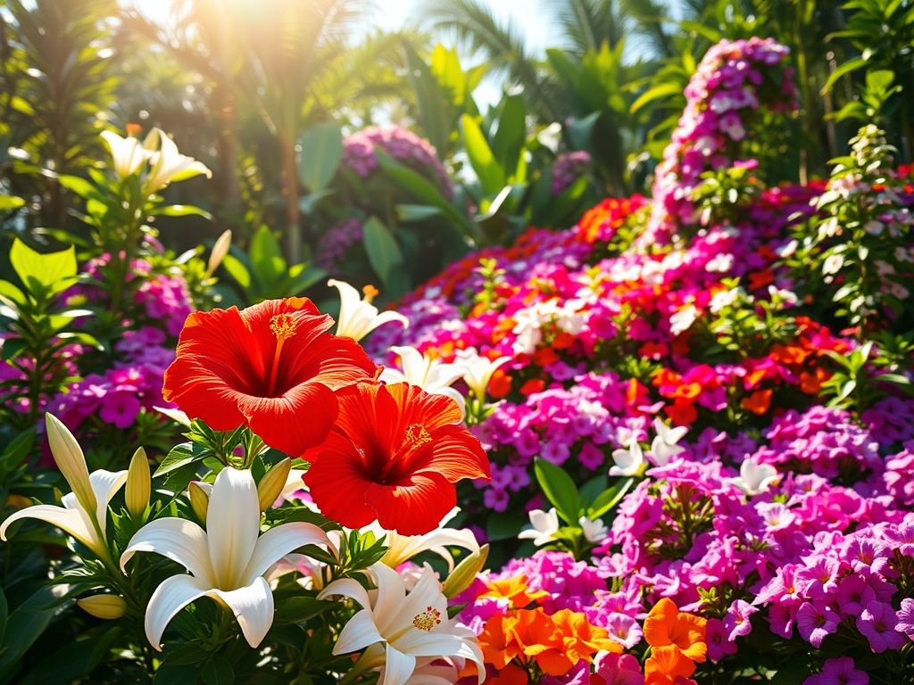 Flores de verão: hibiscos, lírios, petúnias, cravos e gérberas em um jardim tropical vibrante.