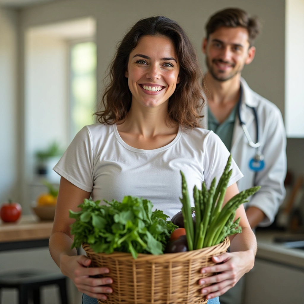 Gestante sorrindo com cesta de legumes ricos em folato.
