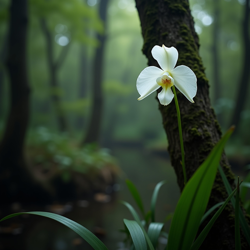 Ghost orchid clinging to tree in swamp, ethereal beauty, professional photography, 8K quality, Orquídea fantasma flutuando em um brejo.