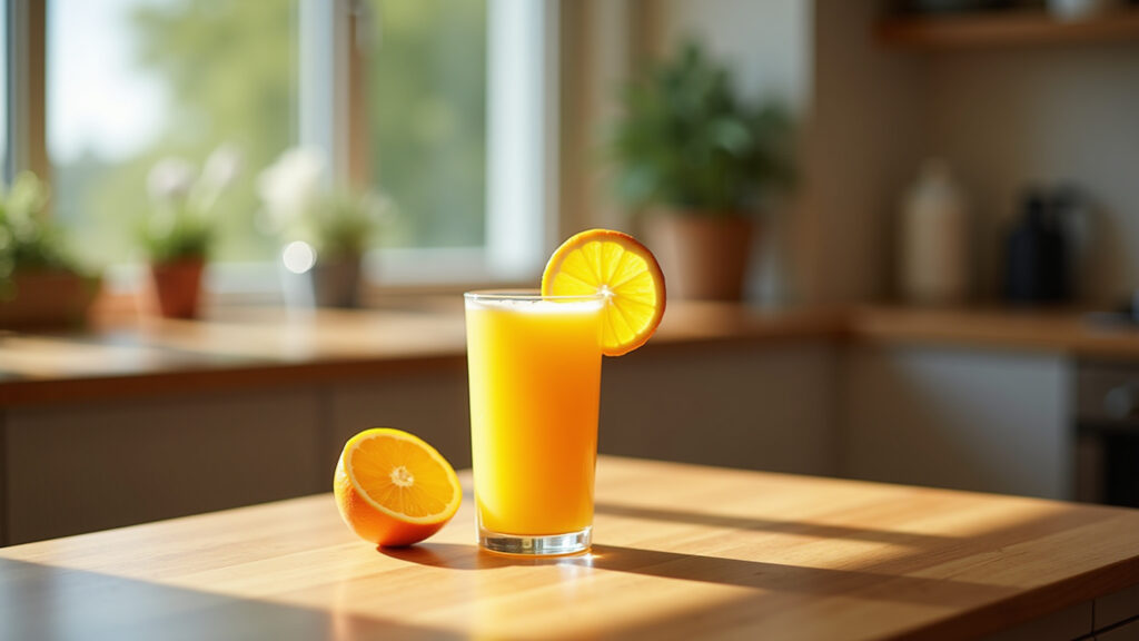 Glass of fresh orange juice on a wooden table, natural light, healthy drink. Lifestyle photography, Suco de laranja natural: energia e saúde.