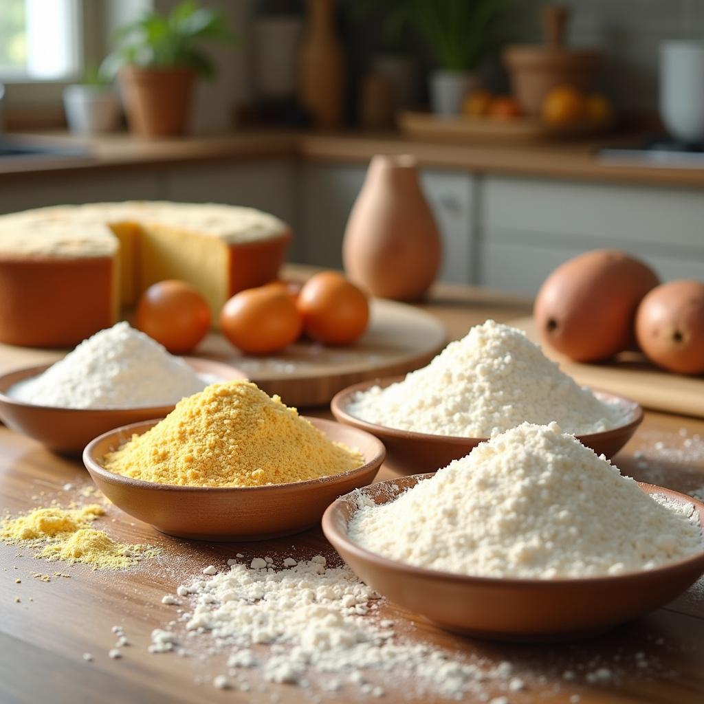 Gluten-free flours (rice, potato starch) on a table, orange cake ingredients, Brazilian kitchen, Opções de farinha sem glúten para bolo de laranja.