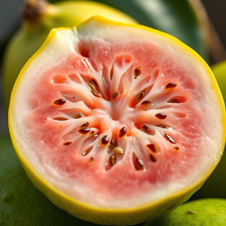 Goiaba cortada ao meio, mostrando sua polpa rosa e sementes.