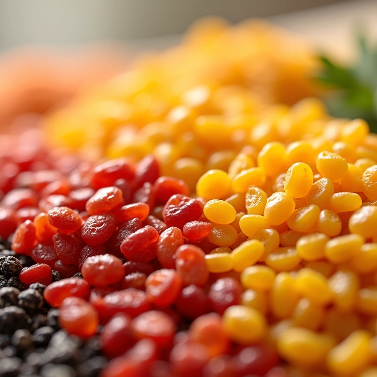 Grãos de quinoa coloridos, representando os benefícios nutricionais.