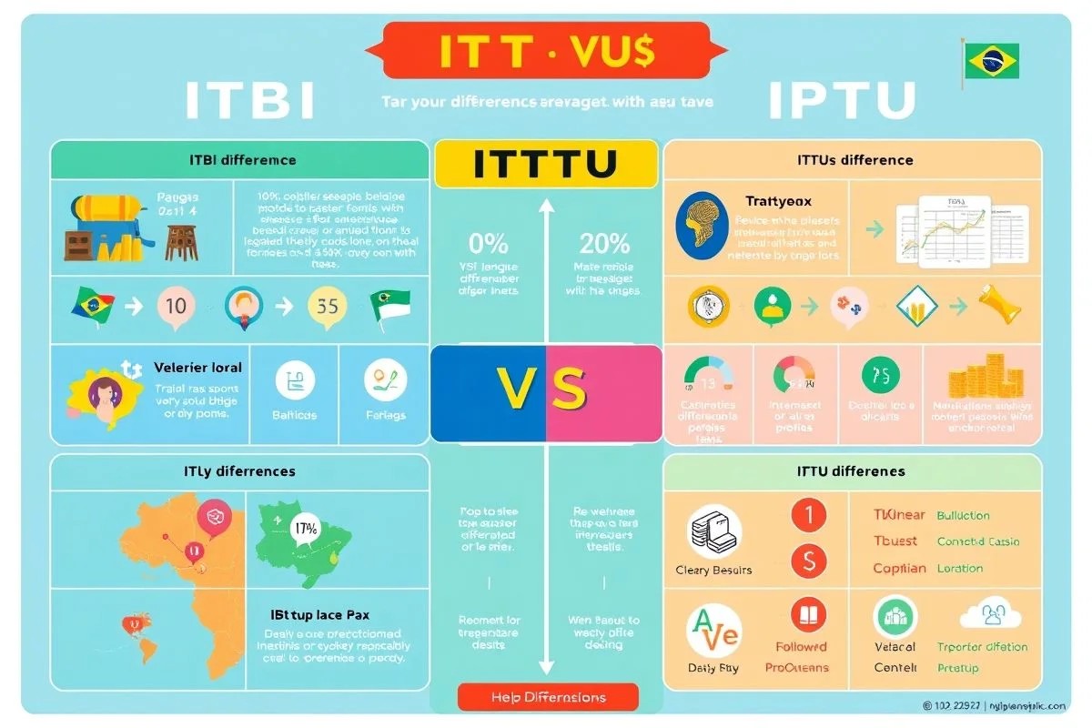 Infográfico comparando os impostos ITBI e IPTU no Brasil. Diferenças entre os tributos.