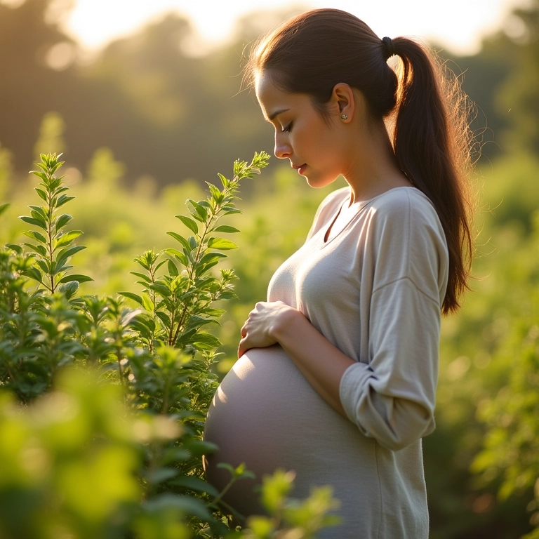 Grávida apreciando aroma do orégano em jardim.