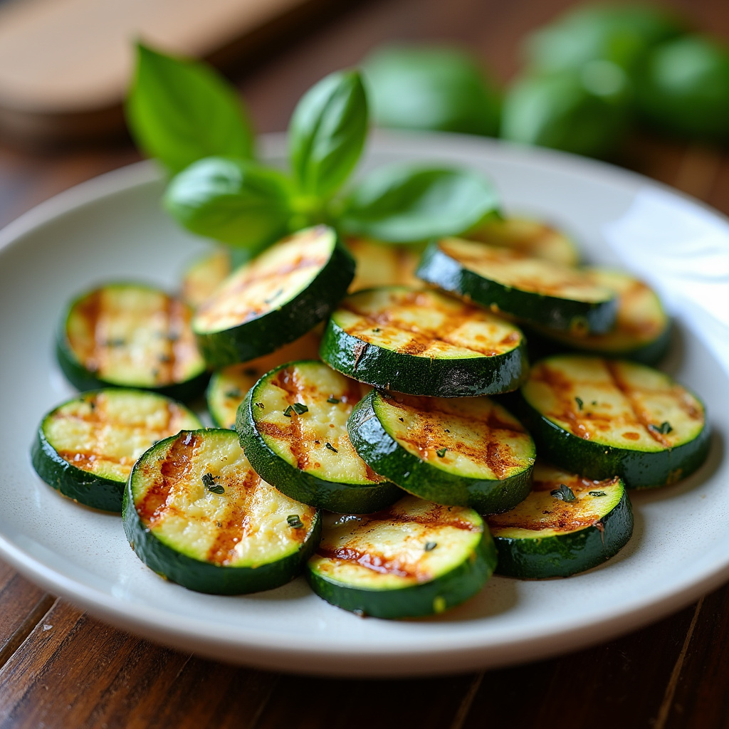 Grilled zucchini slices, vibrant green, natural lighting, plate on a wooden table, basil leaves, Abobrinha grelhada, sabor suave e benefícios para o estômago.
