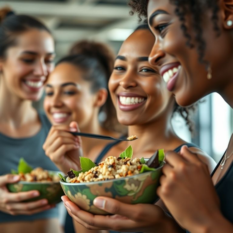Grupo de mulheres diversas saboreando salada de quinoa após treino.