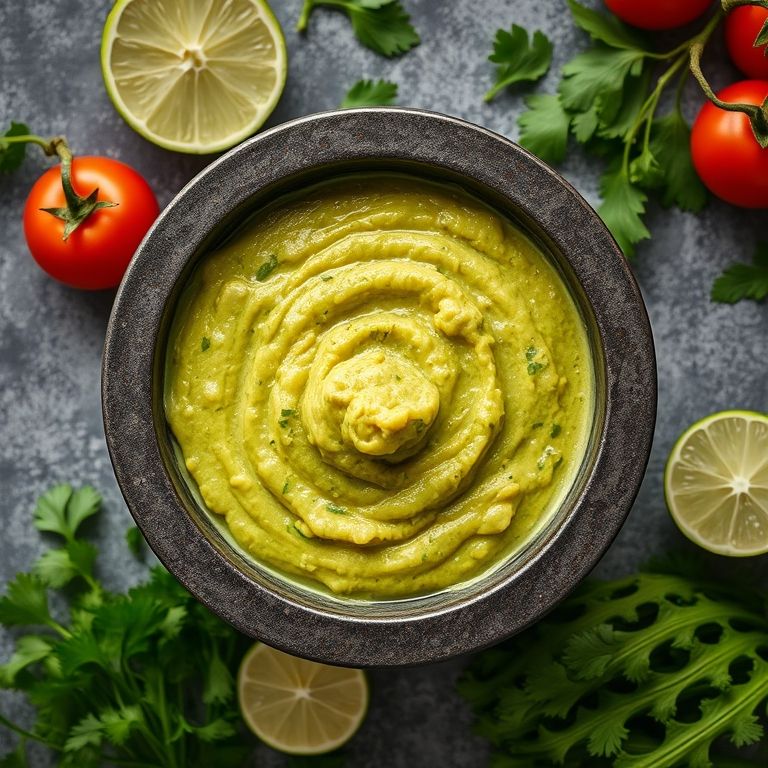 Guacamole cremosa servida em molcajete com ingredientes frescos e coloridos.