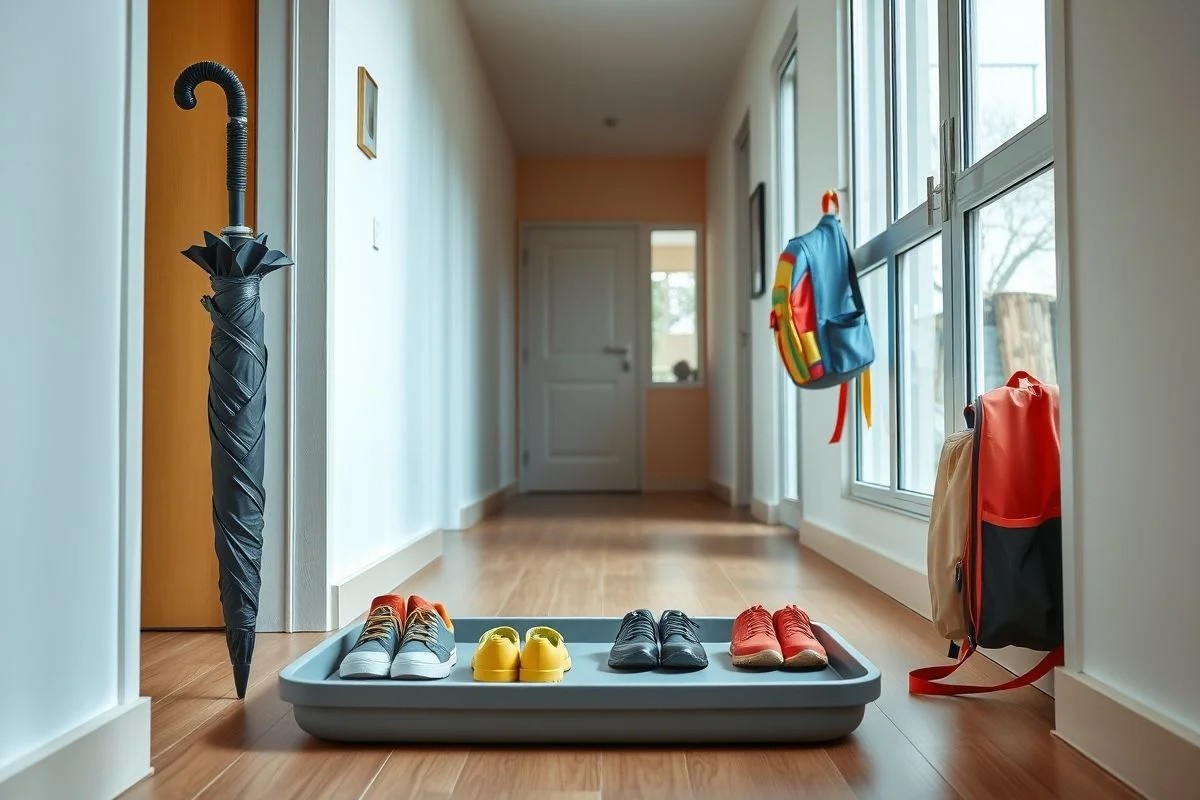 Bandeja organizadora na entrada de apartamento brasileiro com sapatos, guarda-chuva e mochila.